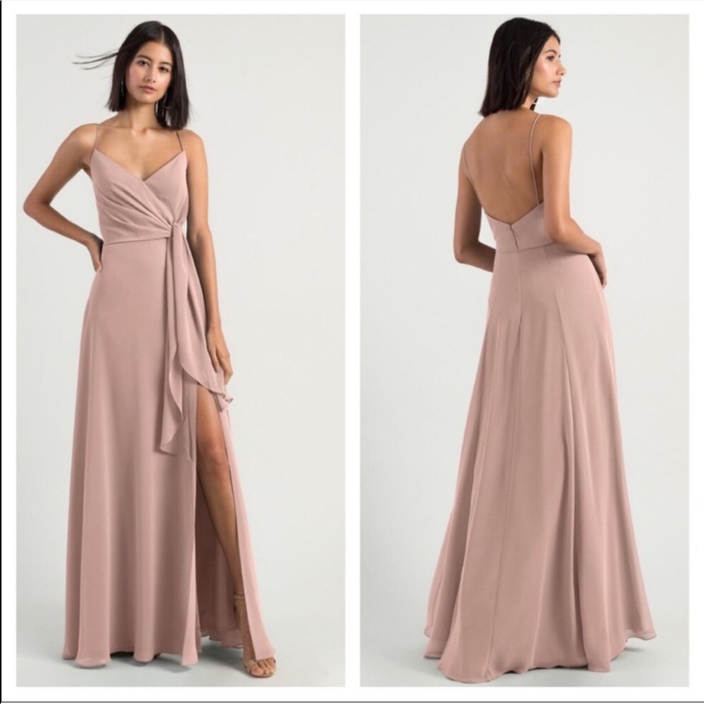Jenny Yoo Amara soft blush chiffon slit maxi dress